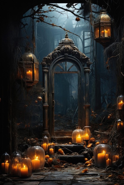 Halloween straszne tło straszne dyni w przerażającym horrorze zamku duchów