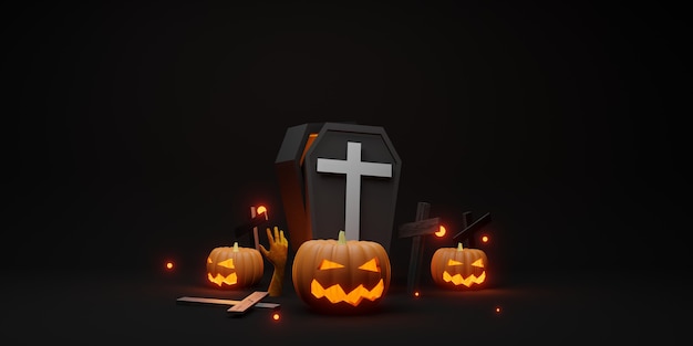 Halloween tło dyni krzyż nietoperz i trumna czarne tło ilustracja 3d