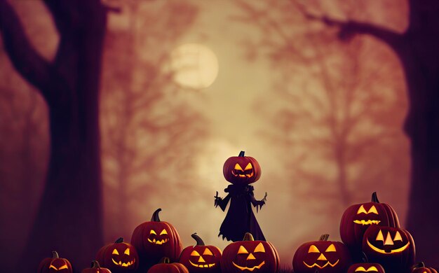 Zdjęcie halloween tło przerażające dynie w przerażającym koncepcie tła lasu nocnego