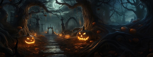 Halloween tło Straszny las z martwymi drzewami i świecącymi dyniami Jack O Lanterns Straszny i przerażający koszmar Halloween tło koncepcji projektowania