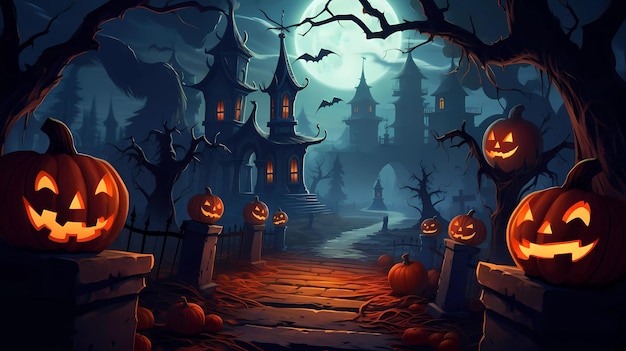 Halloween Tło z dyniami W przerażającej nocy Horror ciemna mistyczna ilustracja z domem nawiedzonym