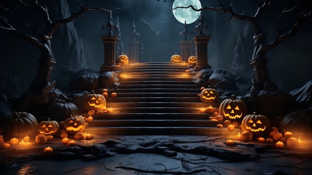 Halloween tło ze schodami i dyniami 3d rendering