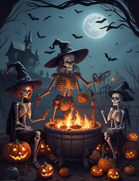 Halloween tło ze szkieletem i dyni 3D ilustracja