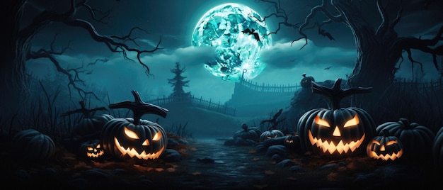 Halloween upiorne tło straszne dynie latarniowe w przerażającym lesie