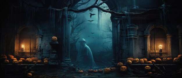 halloween upiorne tło straszne dynie w przerażającym zamku duchów horroru