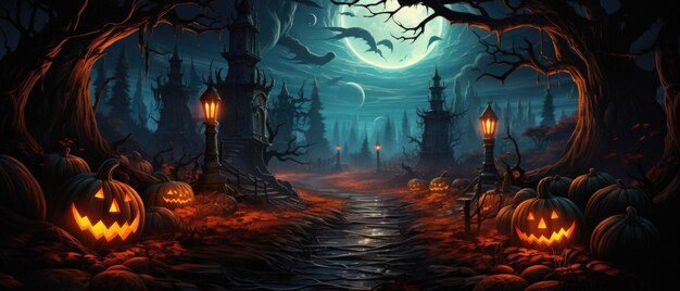 Halloween Upiorne Tło Straszny Jack O Latarnia Dynie Przerażający Leśny Zamek