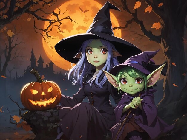 Halloween w stylu anime kostium wiedźmy z goblinem