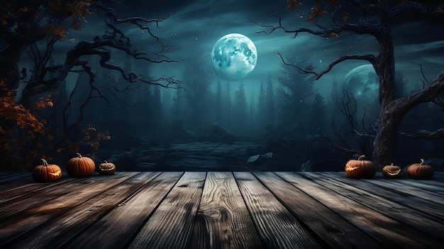 Zdjęcie halloween w tle straszny las z pełnią księżyca i drewnianym stołem