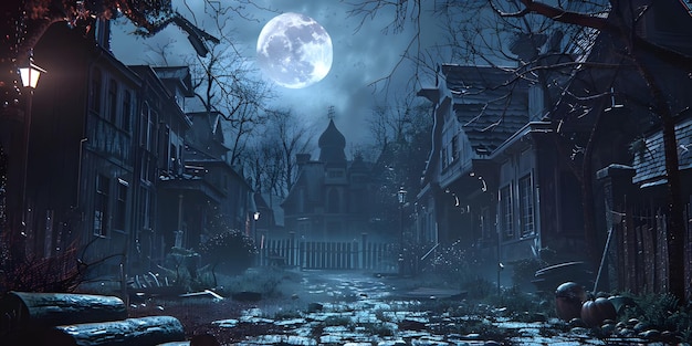 Halloween w tle z domem nawiedzonym i pełnią księżyca Horror House Ai Generated
