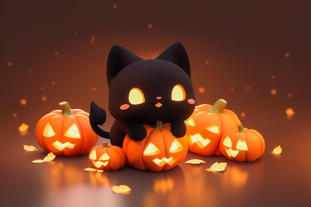 Halloween wakacje śliczny jack o latarnia dyniowy charakter i czarny kot Śliczna kawaii kartka z pozdrowieniami