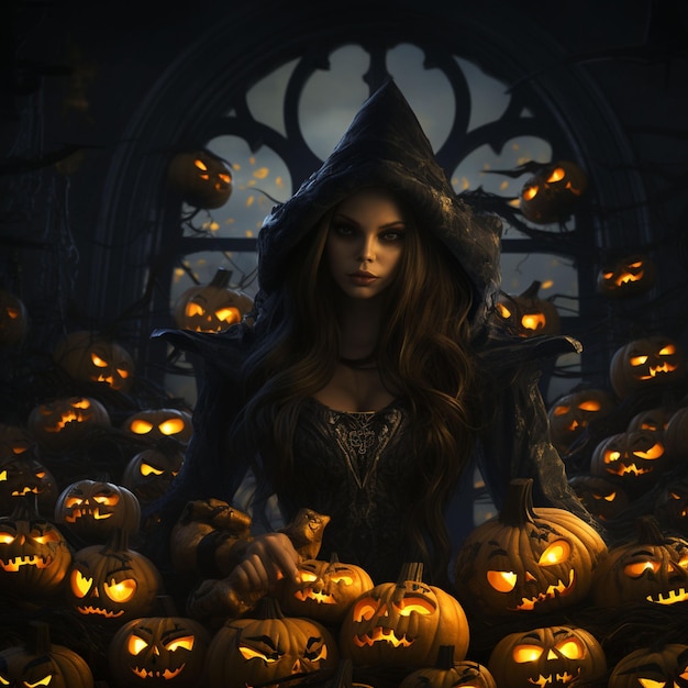 Halloween wiedźma z dyniami w tleGenerative AI ilustracjaHalloween dyni