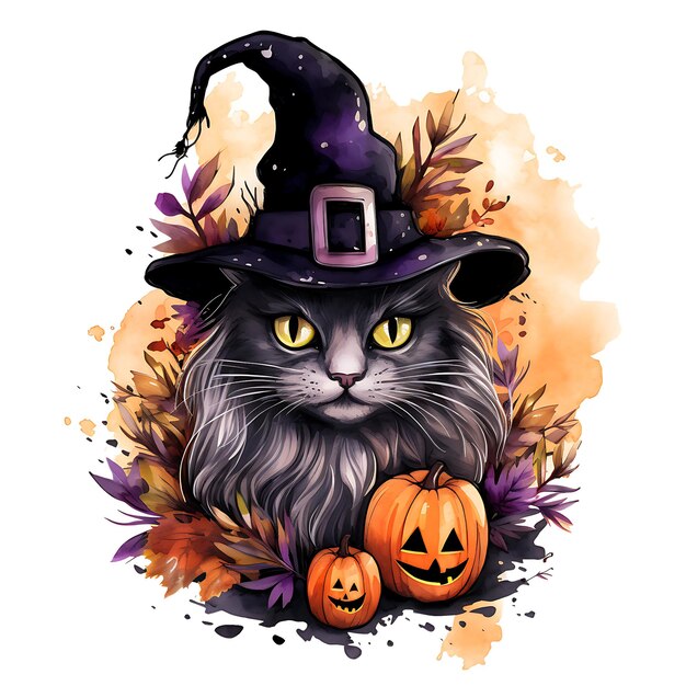 Halloween Witch Cat akwarelowy Clipart