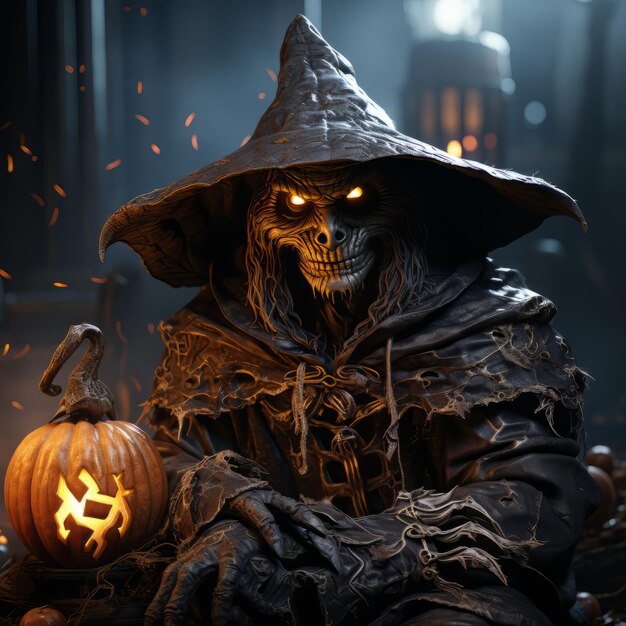 Halloween z latarniami dyniowymi i strasznymi kostiumami
