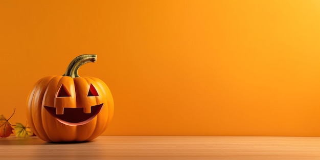 Halloween z wściekłym dyniowym Jackiem O z jesiennymi liśćmi na drewnianej desce odizolowanej w pomarańczowej ścianie