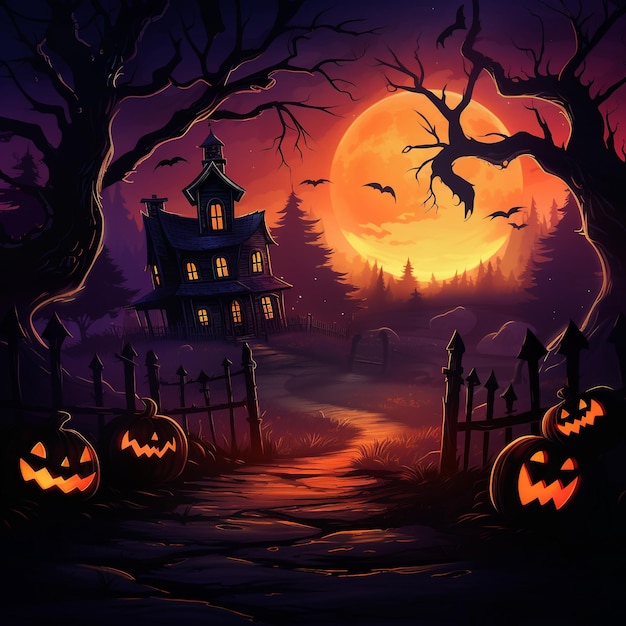 Zdjęcie halloween zamek tło z przerażającymi dyniami świeca cmentarz w nocy