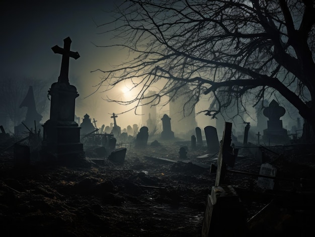 Halloweenowa atmosfera Mglisty cmentarz z cieniami