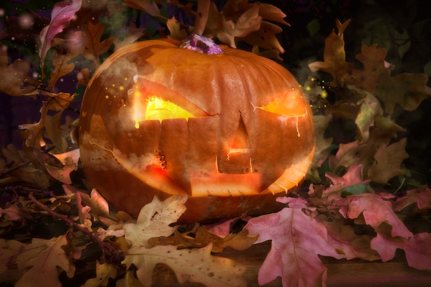 Halloweenowa Bania Outdoors Z świeczką Inside I Dębowymi Liśćmi