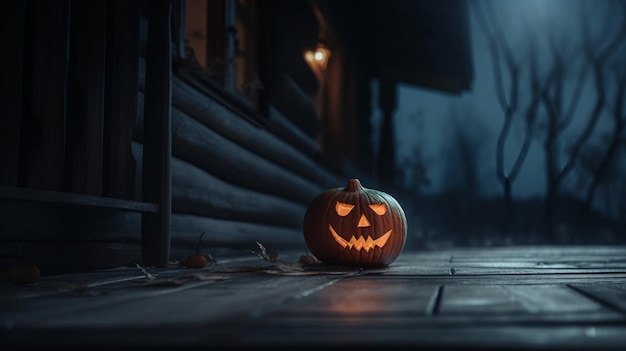 Halloweenowa bania siedzi przed ciemnym domem.