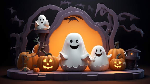 Halloweenowa ciemna scena z uroczym białym duchem i dyniami ilustracją renderowania 3D