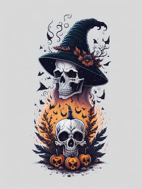Halloweenowa czarownica i czaszka w stylu vintage ilustracji