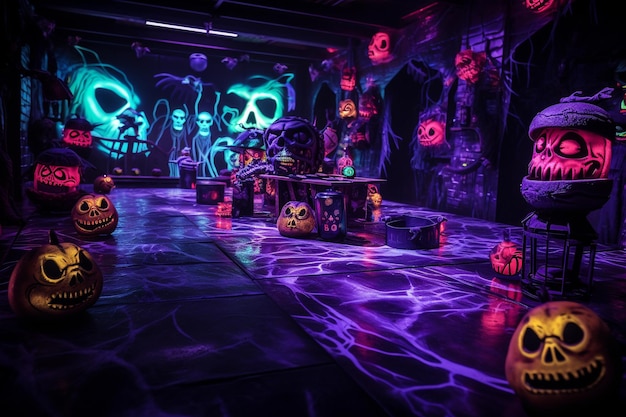 Halloweenowa czaszka w chłodnym świetle neonu, martwa natura z przestrzenią do kopiowania Plakat imprezowy