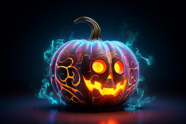 Halloweenowa czaszka w chłodnym świetle neonu, martwa natura z przestrzenią do kopiowania Plakat imprezowy