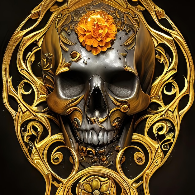 Halloweenowa czaszka w stylu kwiatowym w złotym kolorze