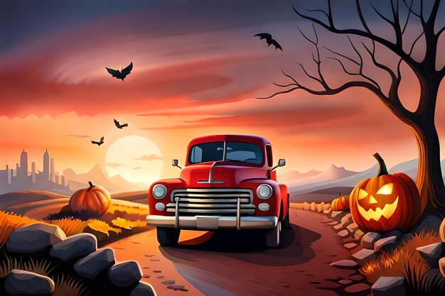 Halloweenowa czerwona ciężarówka