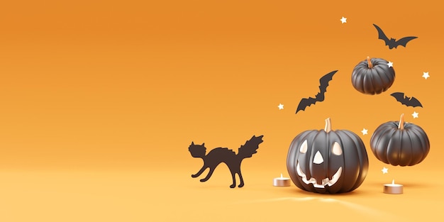 Halloweenowa Dekoracja Na Pomarańczowym Tle Darmowe Miejsce Na Tekst Lub Logo Halloween Baner Makiety Szablon Projektu Do Reklamy Czarna Dynia Nietoperz Kot świece Renderowanie 3d