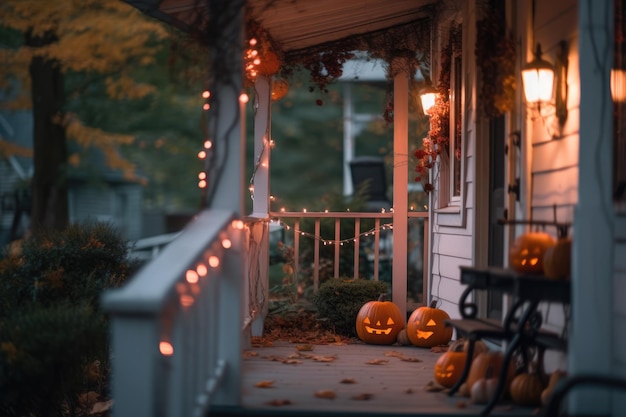 Halloweenowa dekoracja w domowym ganku i podwórku