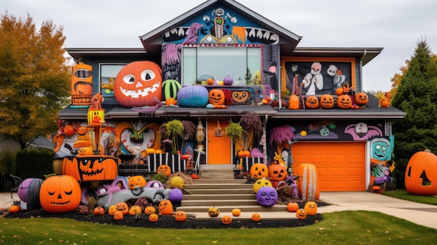 Halloweenowa dekoracja z dyniami i duchami przed domem