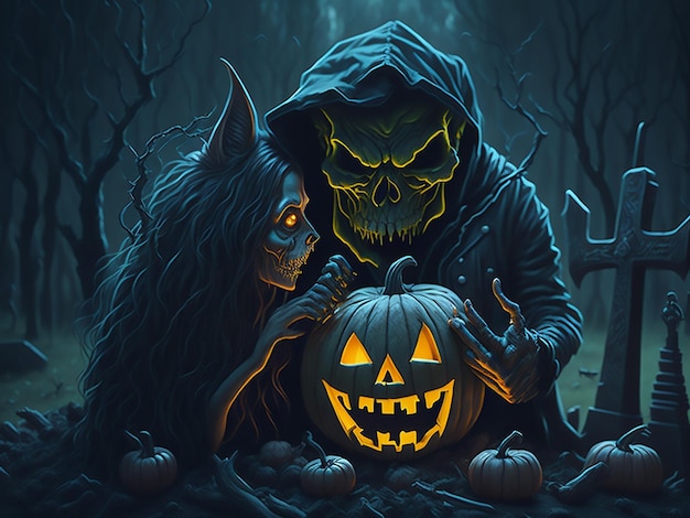 Halloweenowa dynia diabła z martwą ręką wychodzi z horroru w tle