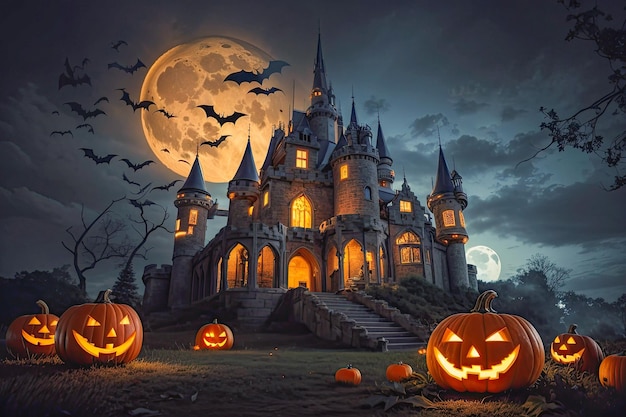 Halloweenowa dynia świecąca latarnią w nocy w leśnym nietoperze nawiedzonym zamku To zdjęcie zostało wygenerowane przy użyciu Leonardo AI