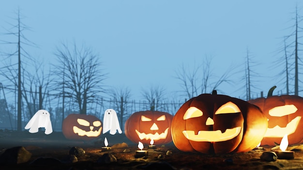 Halloweenowa dynia w grobie z mgłą renderowania 3d