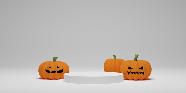 Halloweenowa dynia z cokołu podium na białym tle. Streszczenie geometryczne minimalne sceny do wyświetlania produktu, baner, szablon. Ilustracja renderowania 3D