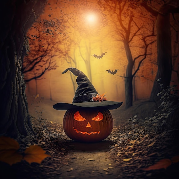 Halloweenowa dynia z kapeluszem wiedźmy w generatywnej sztucznej inteligencji Mystic Forest