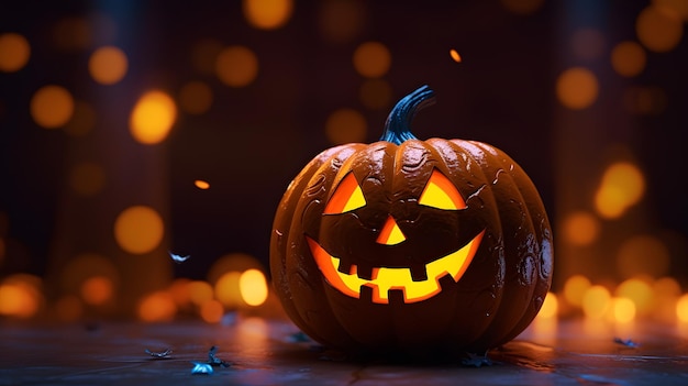 Halloweenowa dynia ze światłami i blaskiem Horror Bokeh tło generatywne ai