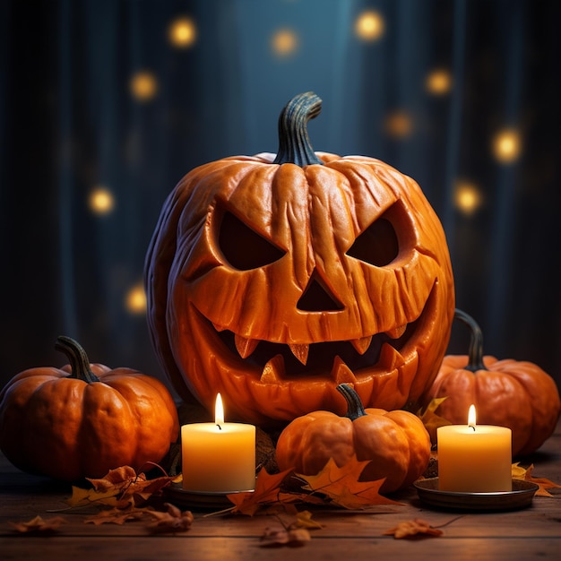 Halloweenowa dyniowa latarnia z płonącymi świecami