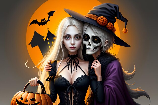 Halloweenowa dziewczyna daje prezent na Halloween Promocja tapety tło ilustracji