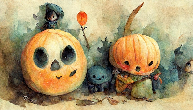 Halloweenowa Ilustracja Akwarela Dyni.ilustracja 3d.użyj Cyfrowych Technik Rozmycia Farby.