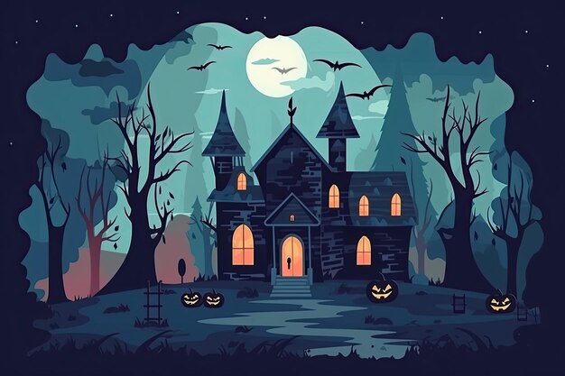 Halloweenowa ilustracja nawiedzonego domu z dyniami i nietoperzami.