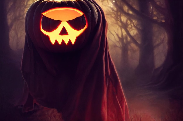 Halloweenowa ilustracja stracha na wróble z głową dyni w pelerynie