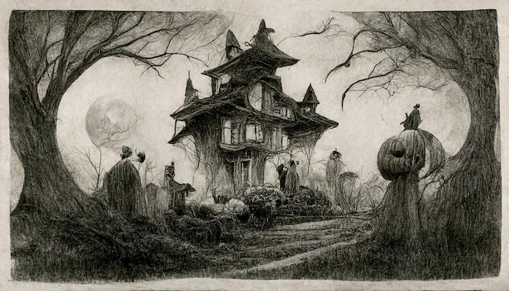 Zdjęcie halloweenowa ilustracja styl rysowania ołówkiem upiorny horror halloweenowe tło ilustracja 3d