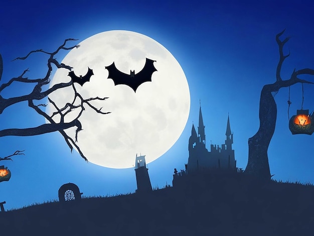 Halloweenowa ilustracja z sylwetką zamku przy świecącym księżycu i martwych drzewach w pobliżu cmentarza crosse