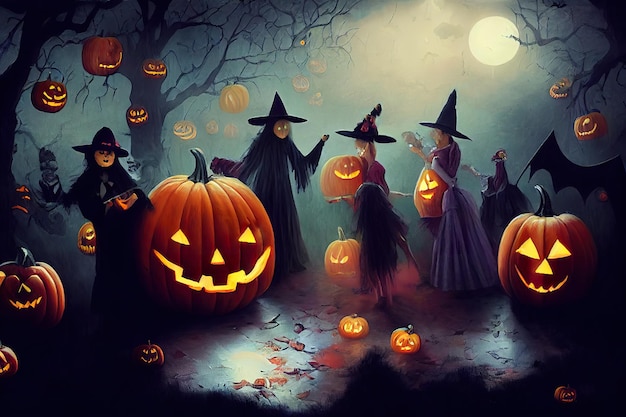 Halloweenowa impreza czarownic z rzeźbioną ilustracją dyni