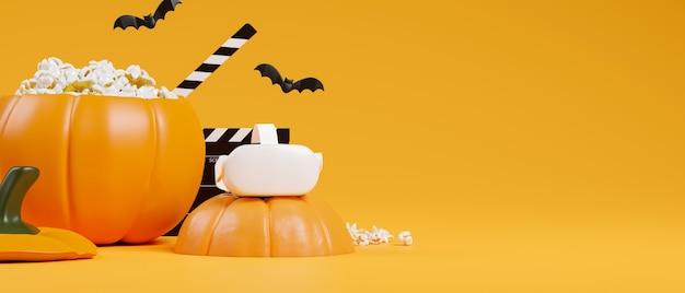 Halloweenowa impreza filmowa koncepcja wirtualna rzeczywistość zestaw słuchawkowy dynia popcorn wiadro pomarańczowe tło