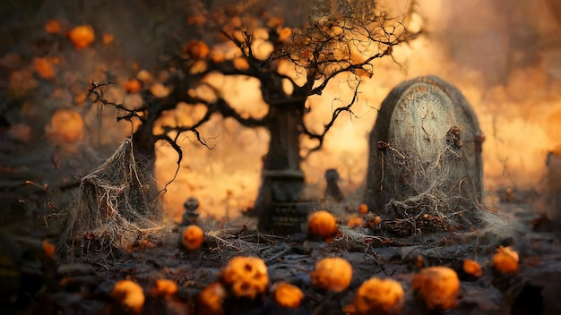 Halloweenowa kartka z życzeniami z dyniami i tajemniczymi drzewami, ciemna i przerażająca jesienna noc