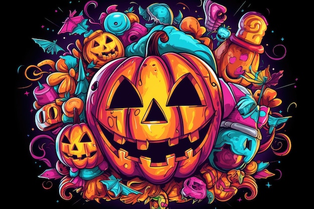 Halloweenowa kolorowa dynia etykieta ilustracja na czarnym tle Generative przez AI