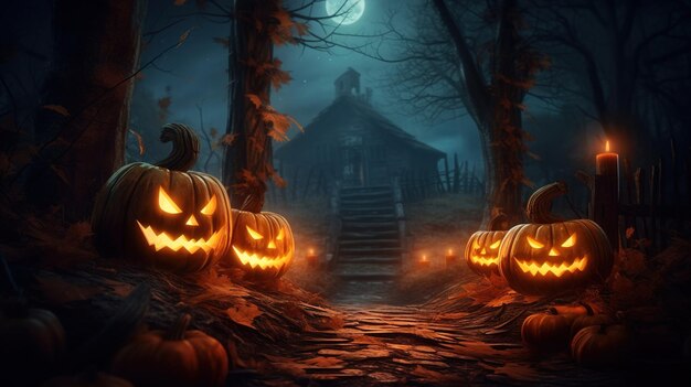 Halloweenowa latarnia dyniowa ze złą twarzą i oczami Latarnie z Jack O' na cmentarzu w upiorną noc Halloweenowe tło