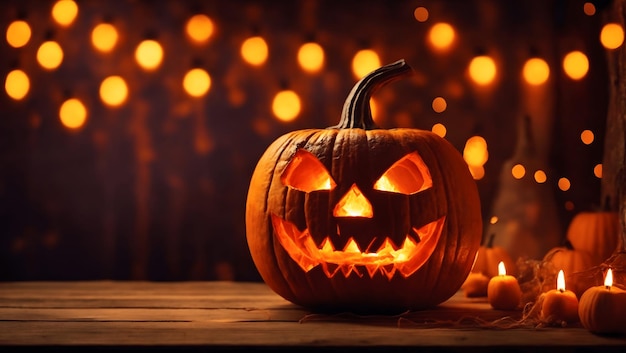 Halloweenowa latarnia z głową dyni z płonącym tłem ognia